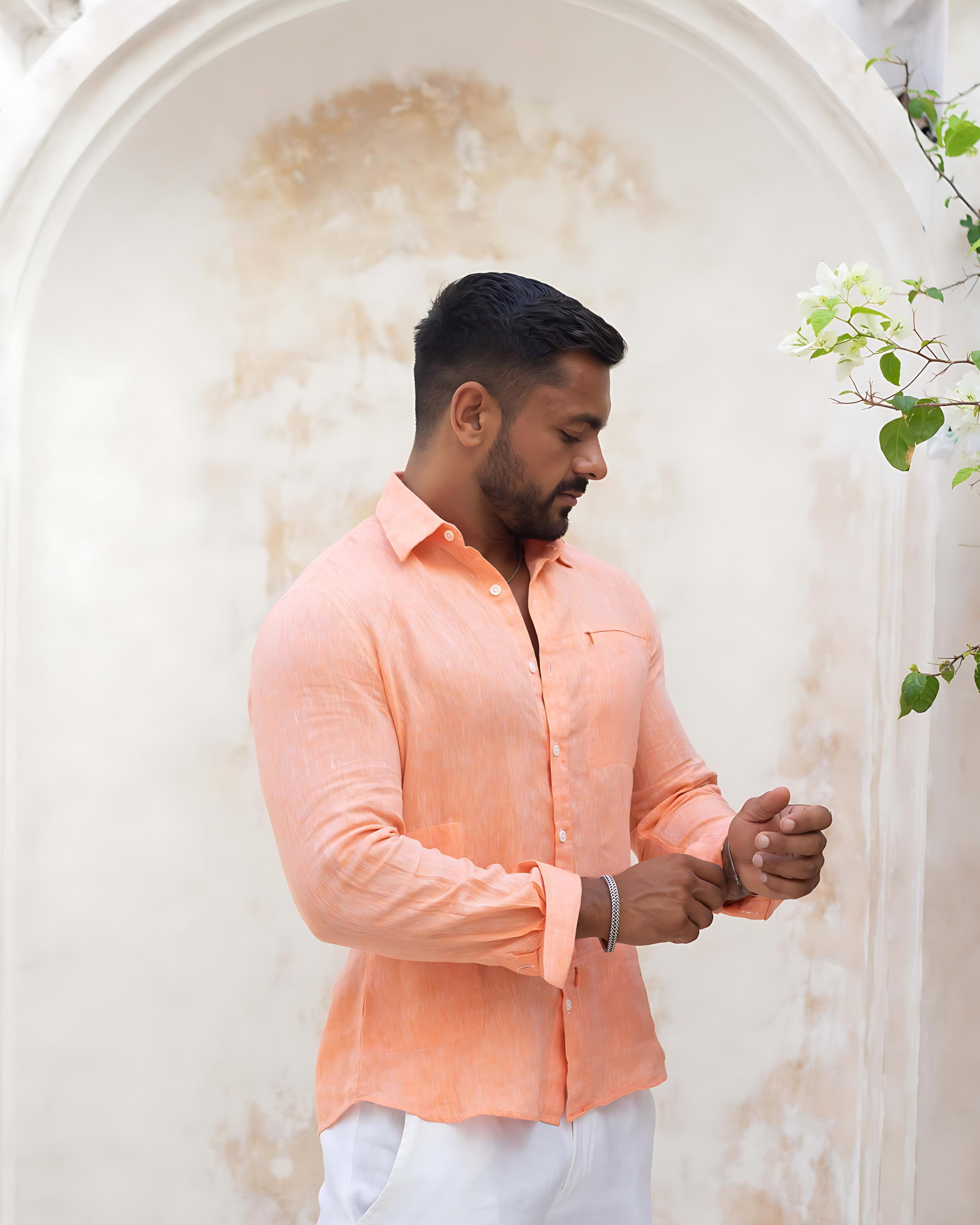peach dress shirt Linen Shirt Peach Color Pink M